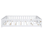 Lit cabane au sol pour enfants avec clôture et porte, taille double, pour 1 enfant - Naturel / Gris / Blanc