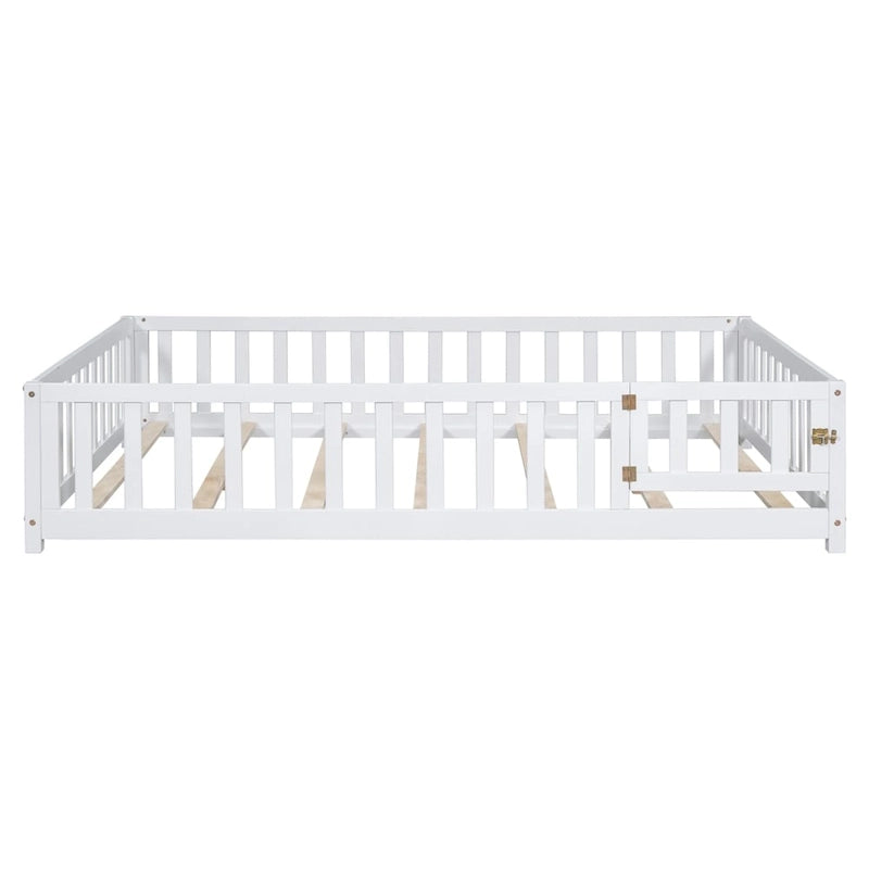 Lit cabane au sol pour enfants avec clôture et porte, taille double, pour 1 enfant - Naturel / Gris / Blanc