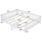 Lit cabane au sol pour enfants avec clôture et porte, taille double, pour 1 enfant - Naturel / Gris / Blanc