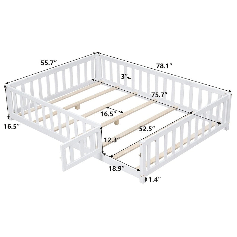 Lit cabane au sol pour enfants avec clôture et porte, taille double, pour 1 enfant - Naturel / Gris / Blanc