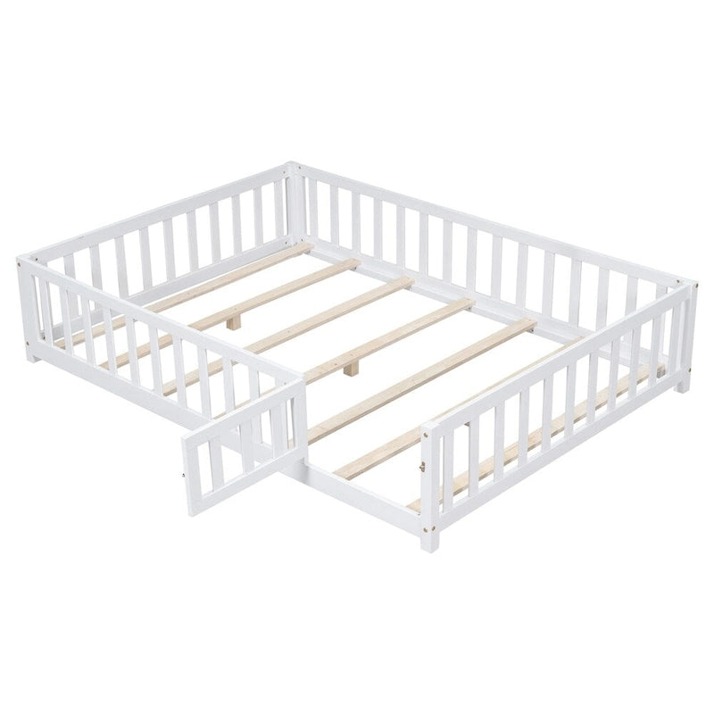 Lit cabane au sol pour enfants avec clôture et porte, taille double, pour 1 enfant - Naturel / Gris / Blanc
