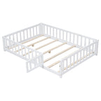 Lit cabane au sol pour enfants avec clôture et porte, taille double, pour 1 enfant - Naturel / Gris / Blanc