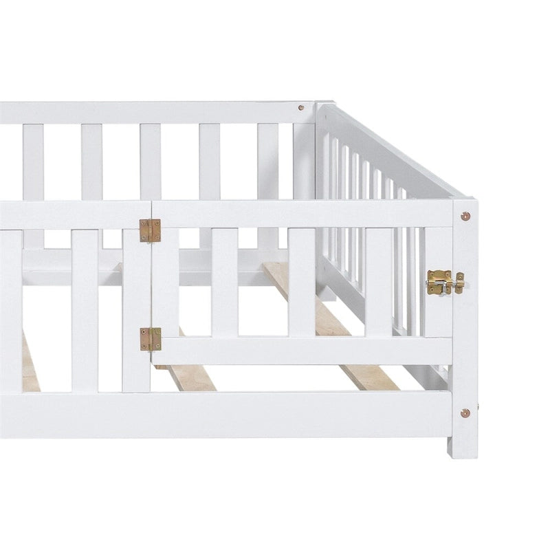 Lit cabane au sol pour enfants avec clôture et porte, taille double, pour 1 enfant - Naturel / Gris / Blanc