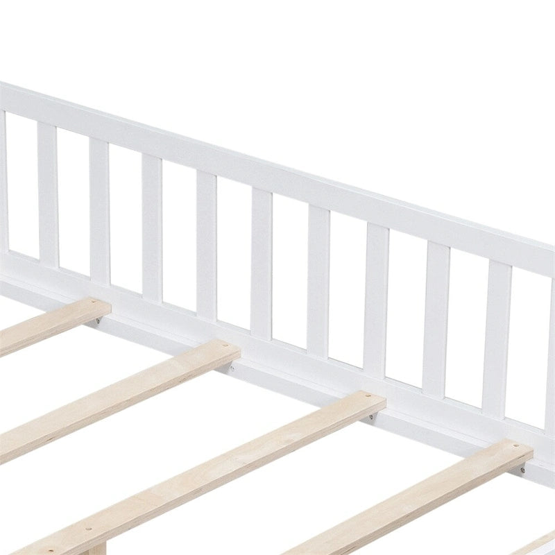 Lit cabane au sol pour enfants avec clôture et porte, taille double, pour 1 enfant - Naturel / Gris / Blanc