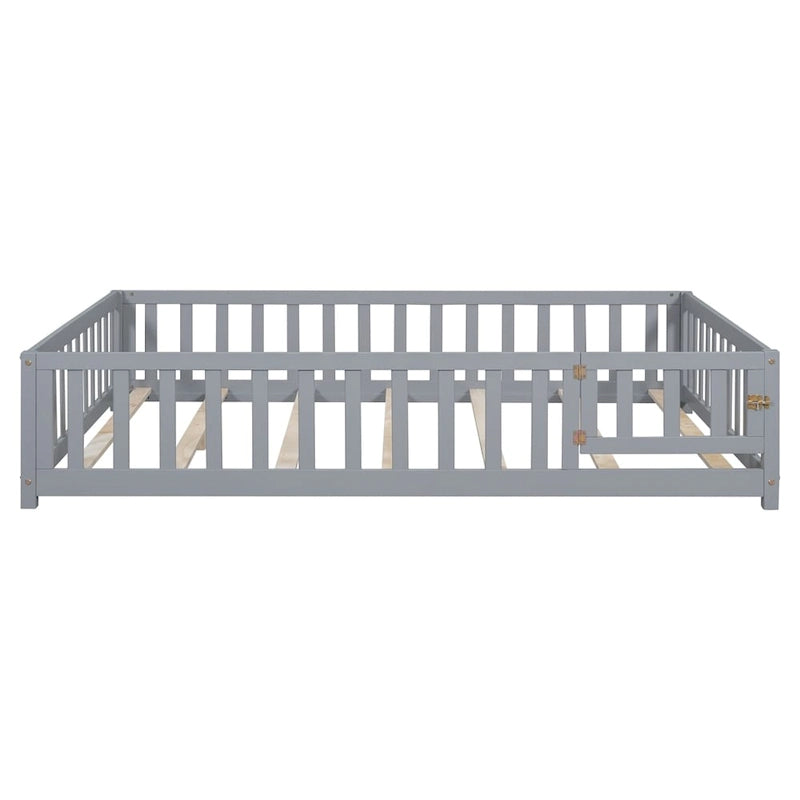 Lit cabane au sol pour enfants avec clôture et porte, taille double, pour 1 enfant - Naturel / Gris / Blanc