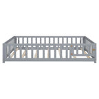 Lit cabane au sol pour enfants avec clôture et porte, taille double, pour 1 enfant - Naturel / Gris / Blanc