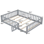 Lit cabane au sol pour enfants avec clôture et porte, taille double, pour 1 enfant - Naturel / Gris / Blanc