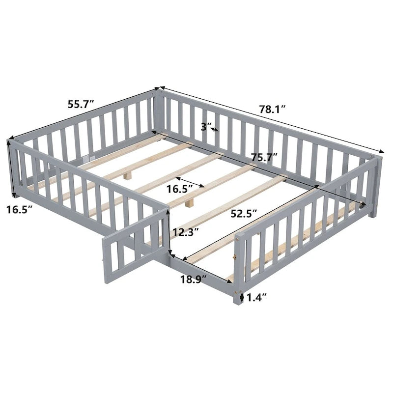 Lit cabane au sol pour enfants avec clôture et porte, taille double, pour 1 enfant - Naturel / Gris / Blanc