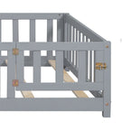 Lit cabane au sol pour enfants avec clôture et porte, taille double, pour 1 enfant - Naturel / Gris / Blanc