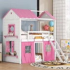 Full Size Wood House Bed Bunk Bed with Windows, Sills and Tent