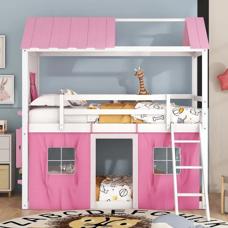 Lit superposé cabane grandeur nature, bleu/rose et blanc, avec fenêtres et toboggan – 2 personnes