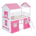 Lit superposé cabane grandeur nature, bleu/rose et blanc, avec fenêtres et toboggan – 2 personnes