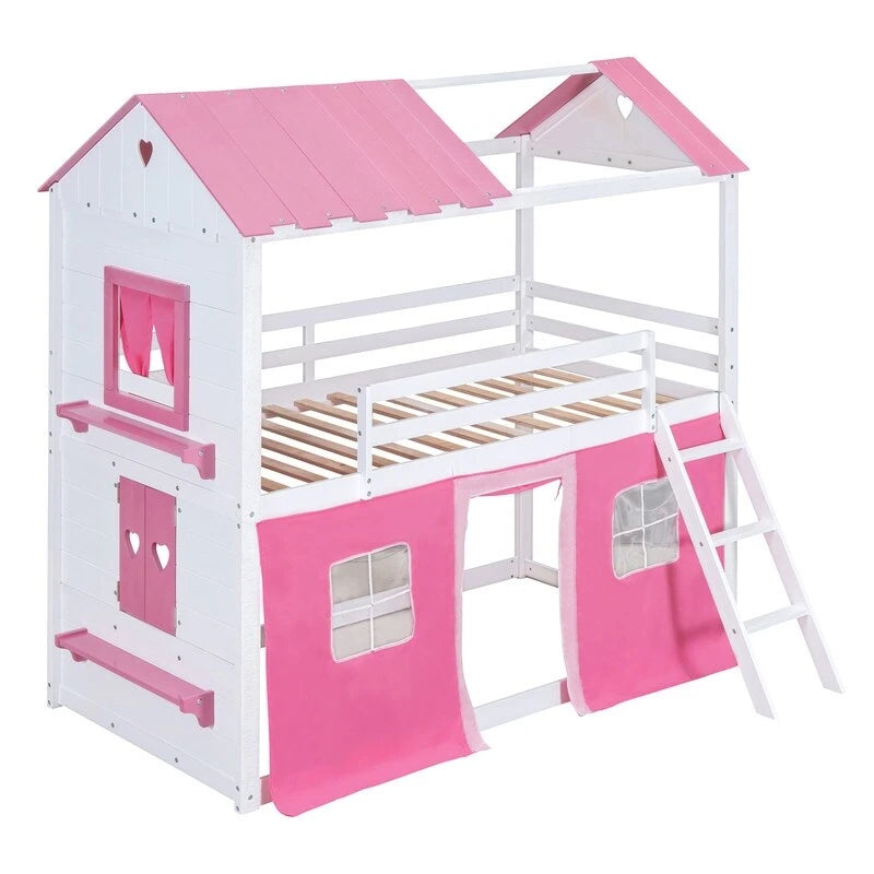 Lit superposé cabane grandeur nature, bleu/rose et blanc, avec fenêtres et toboggan – 2 personnes