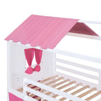 Lit superposé cabane grandeur nature, bleu/rose et blanc, avec fenêtres et toboggan – 2 personnes