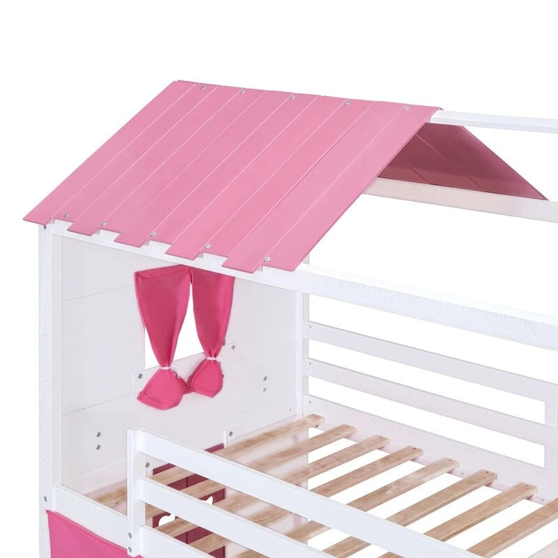 Lit superposé cabane grandeur nature, bleu/rose et blanc, avec fenêtres et toboggan – 2 personnes