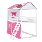 Lit superposé cabane grandeur nature, bleu/rose et blanc, avec fenêtres et toboggan – 2 personnes