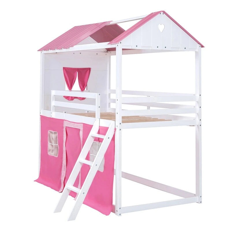 Lit superposé cabane grandeur nature, bleu/rose et blanc, avec fenêtres et toboggan – 2 personnes