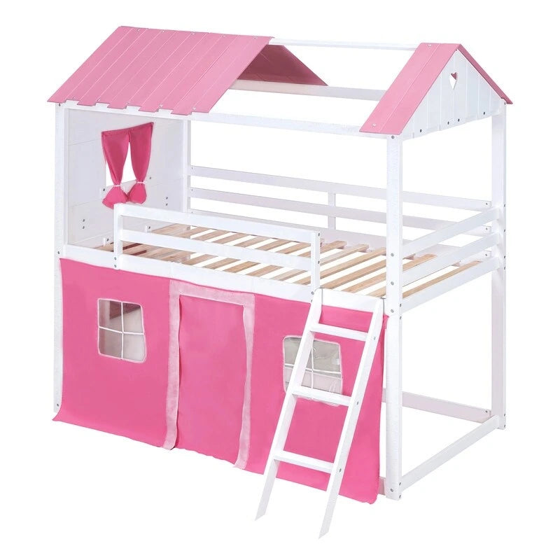 Lit superposé cabane grandeur nature, bleu/rose et blanc, avec fenêtres et toboggan – 2 personnes