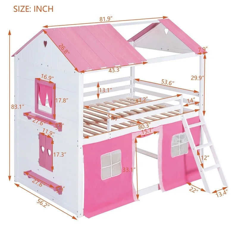 Lit superposé cabane grandeur nature, bleu/rose et blanc, avec fenêtres et toboggan – 2 personnes