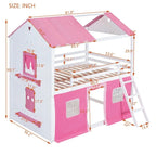 Lit superposé cabane grandeur nature, bleu/rose et blanc, avec fenêtres et toboggan – 2 personnes