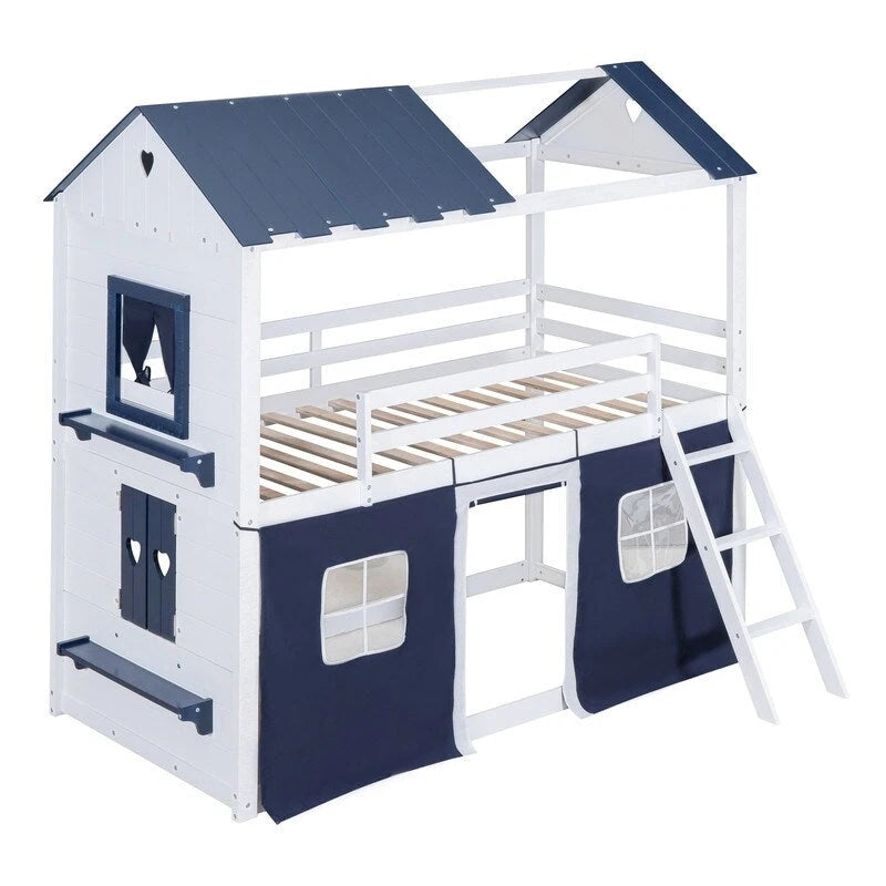 Lit superposé cabane grandeur nature, bleu/rose et blanc, avec fenêtres et toboggan – 2 personnes