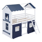 Lit superposé cabane grandeur nature, bleu/rose et blanc, avec fenêtres et toboggan – 2 personnes