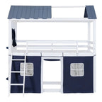 Lit superposé cabane grandeur nature, bleu/rose et blanc, avec fenêtres et toboggan – 2 personnes