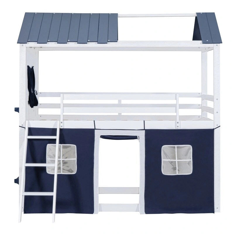 Lit superposé cabane grandeur nature, bleu/rose et blanc, avec fenêtres et toboggan – 2 personnes