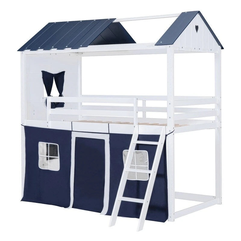 Lit superposé cabane grandeur nature, bleu/rose et blanc, avec fenêtres et toboggan – 2 personnes