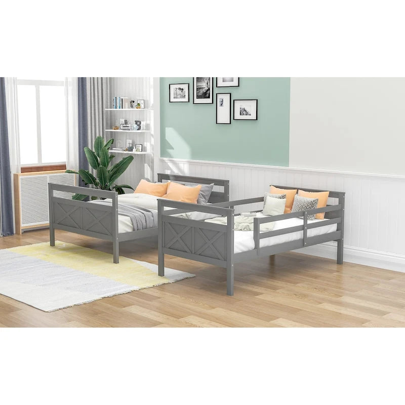 Lit superposé jumeau sur grand, gris/blanc, avec échelle inclinée, 2 couchages