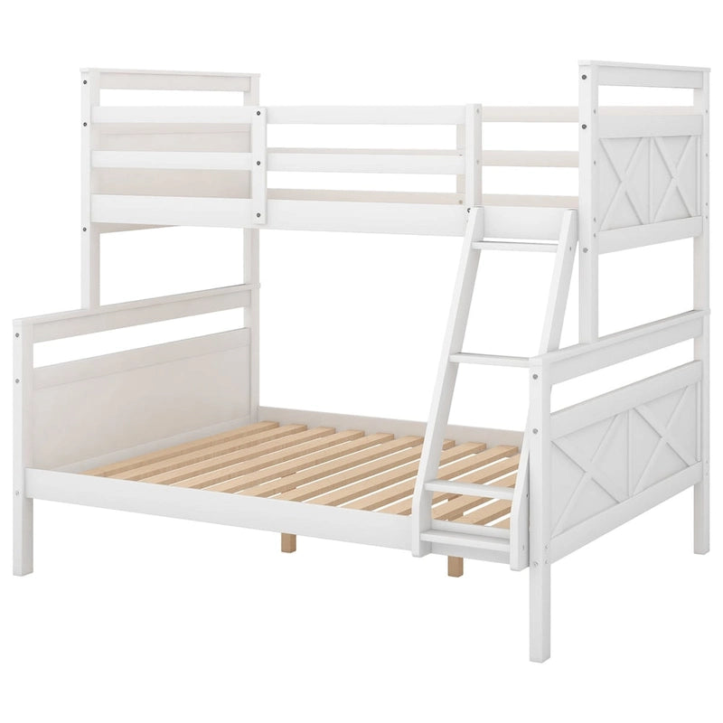 Lit superposé jumeau sur grand, gris/blanc, avec échelle inclinée, 2 couchages