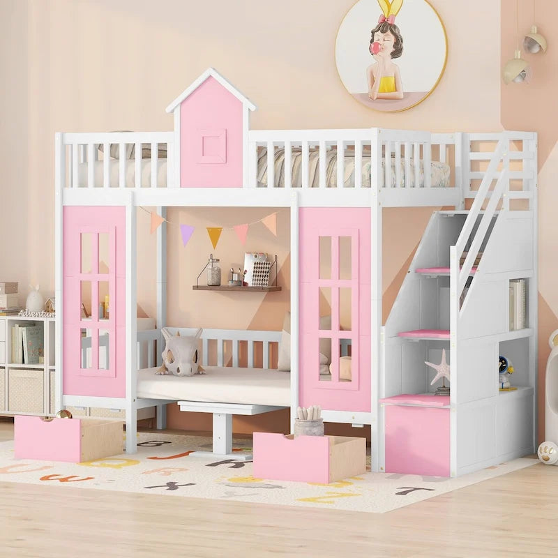 Lit superposé rose jumeau sur jumeau style clôture pour 2 enfants