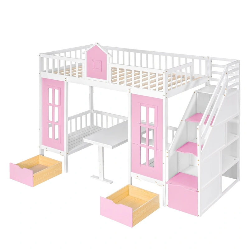 Lit superposé rose jumeau sur jumeau style clôture pour 2 enfants