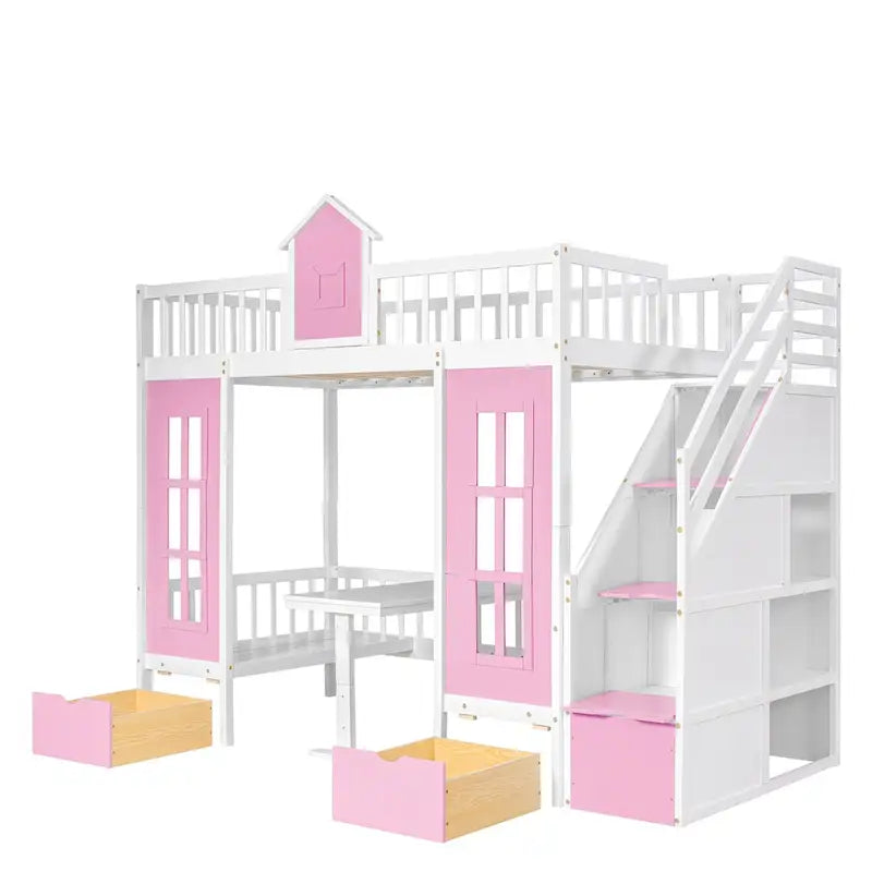 Lit superposé rose jumeau sur jumeau style clôture pour 2 enfants
