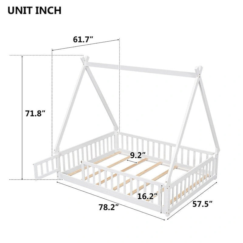 Lit au sol tipi avec barrières de sécurité, lattes et porte – Deux places, 1 personne (Naturel/Blanc/Gris)