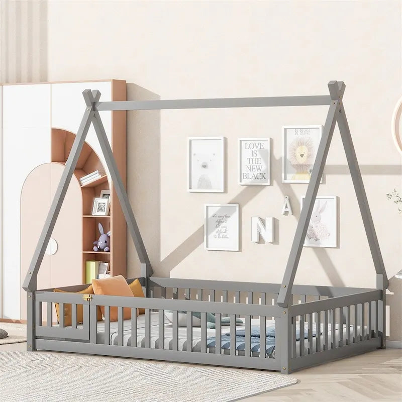 Lit au sol tipi avec barrières de sécurité, lattes et porte – Deux places, 1 personne (Naturel/Blanc/Gris)