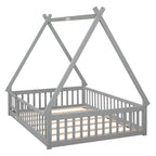 Lit au sol tipi avec barrières de sécurité, lattes et porte – Deux places, 1 personne (Naturel/Blanc/Gris)