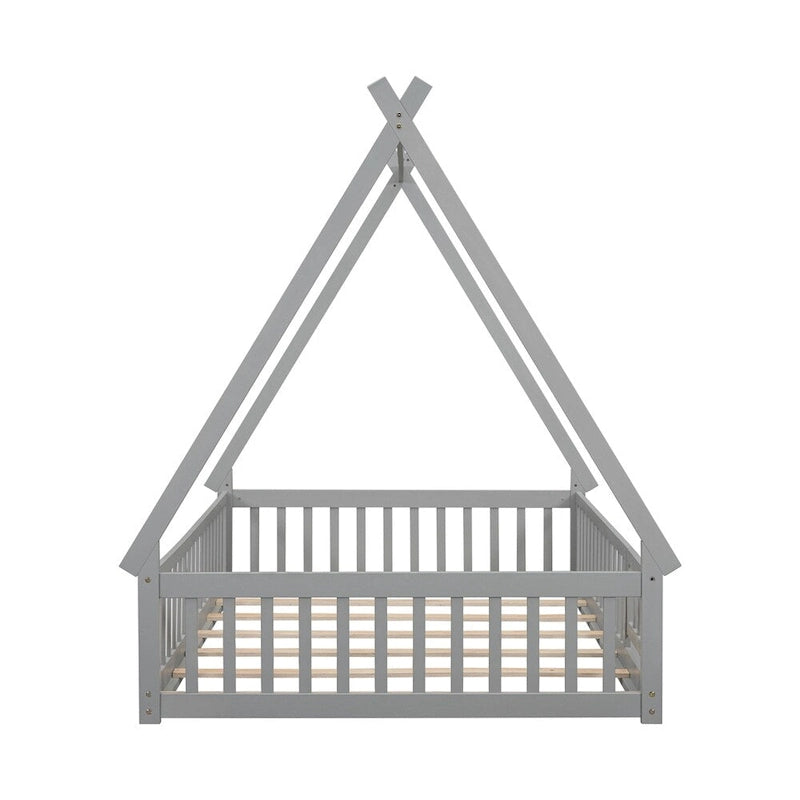 Lit au sol tipi avec barrières de sécurité, lattes et porte – Deux places, 1 personne (Naturel/Blanc/Gris)
