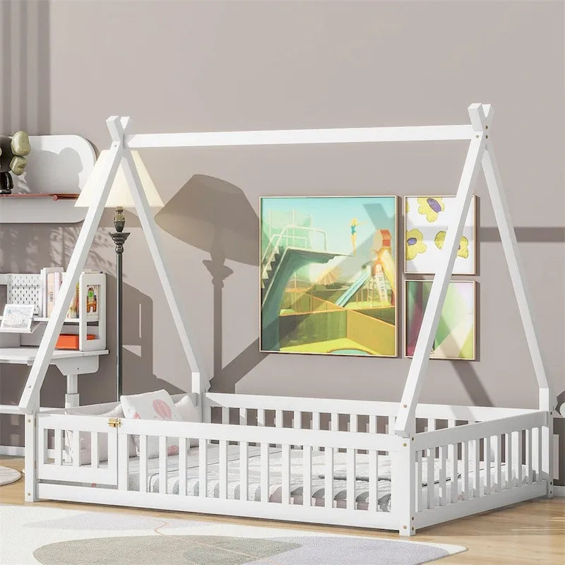 Lit au sol tipi avec barrières de sécurité, lattes et porte – Deux places, 1 personne (Naturel/Blanc/Gris)