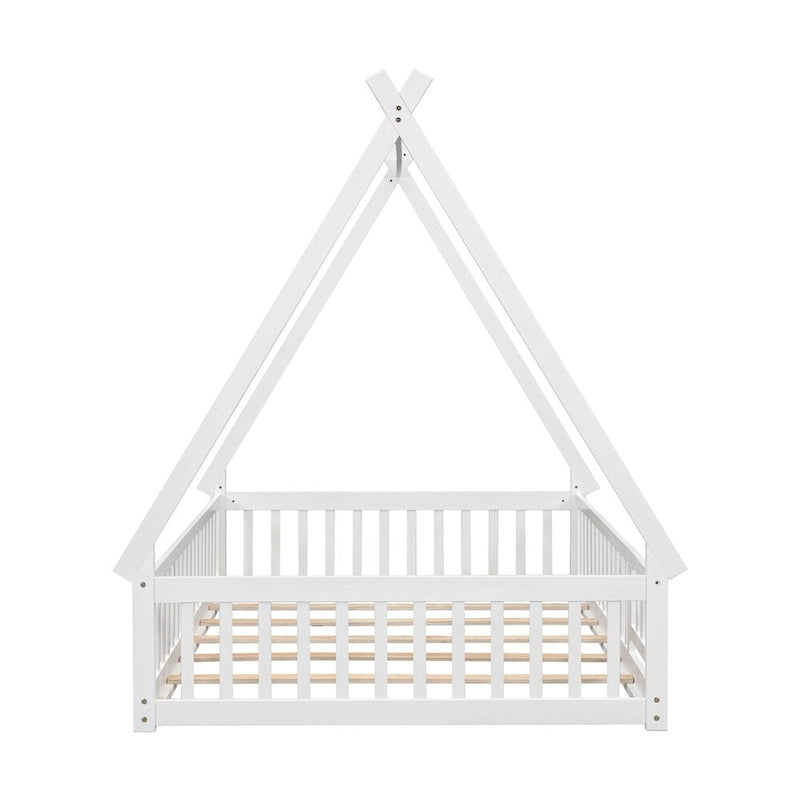 Lit au sol tipi avec barrières de sécurité, lattes et porte – Deux places, 1 personne (Naturel/Blanc/Gris)