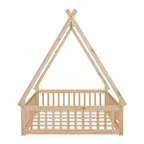 Lit au sol tipi avec barrières de sécurité, lattes et porte – Deux places, 1 personne (Naturel/Blanc/Gris)