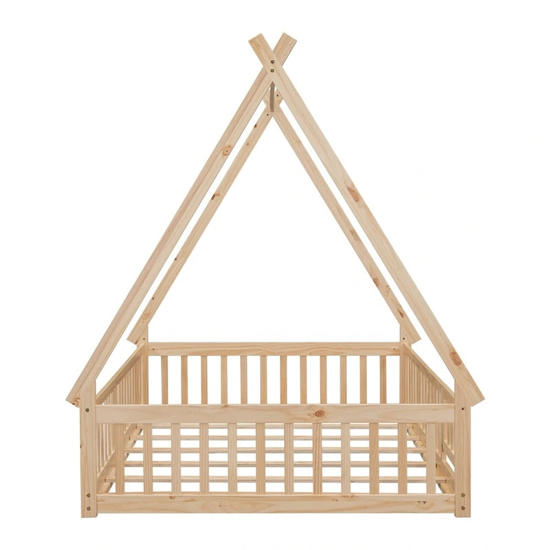 Lit au sol tipi avec barrières de sécurité, lattes et porte – Deux places, 1 personne (Naturel/Blanc/Gris)