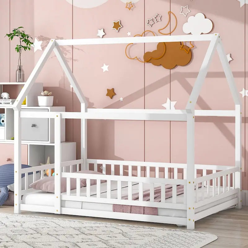 White Pine Wooden House Roof Floor Bed with Fence