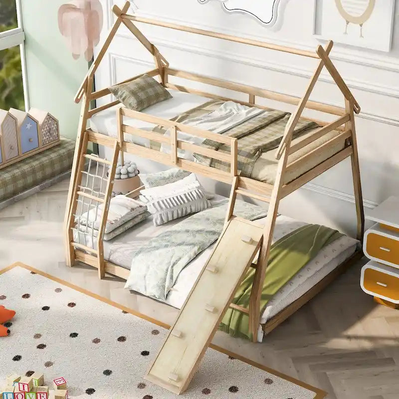 Lit superposé double sur grand format naturel avec filet d'escalade et rampe, pour 2 personnes