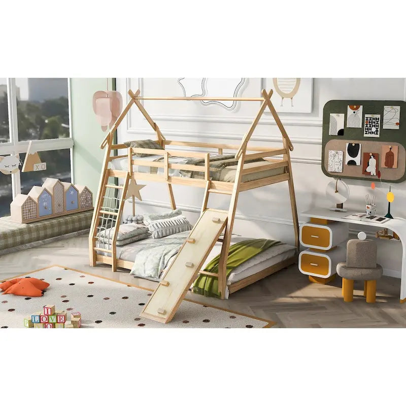 Lit superposé double sur grand format naturel avec filet d'escalade et rampe, pour 2 personnes