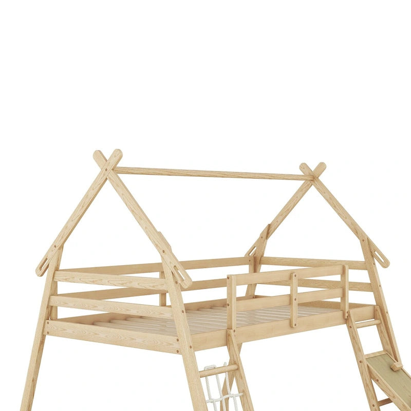 Lit superposé double sur grand format naturel avec filet d'escalade et rampe, pour 2 personnes