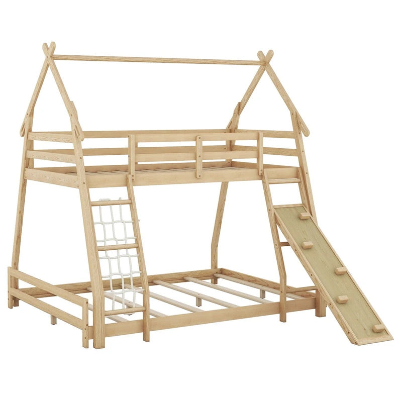 Lit superposé double sur grand format naturel avec filet d'escalade et rampe, pour 2 personnes