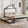 Lit plateforme noir en métal taille standard avec tête de lit cabane et 2 tiroirs, pour 1 personne