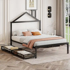 Lit plateforme noir en métal taille standard avec tête de lit cabane et 2 tiroirs, pour 1 personne