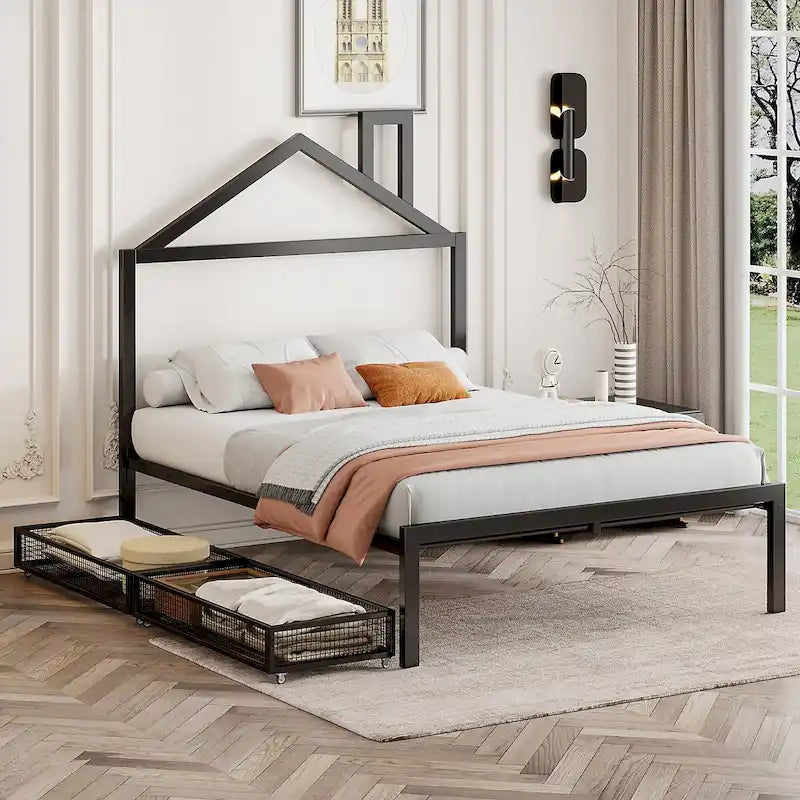 Lit plateforme noir en métal taille standard avec tête de lit cabane et 2 tiroirs, pour 1 personne
